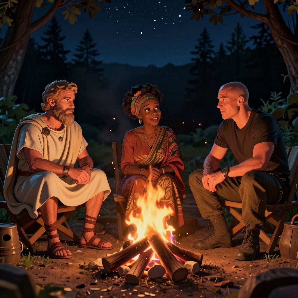 Mentors gathered around a fire at night